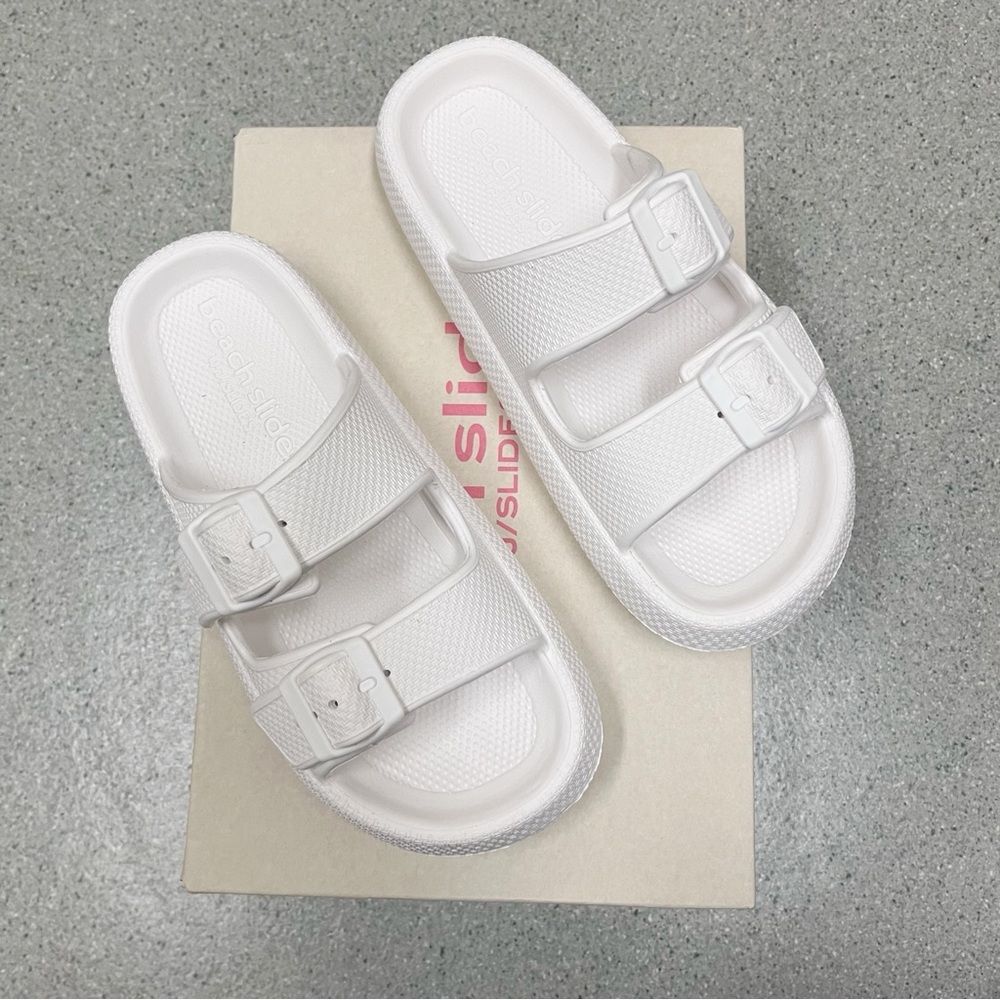 J/SLIDES Womens SoCool Eva Sandal White Double Buckle Slip On Shoes Slides 7